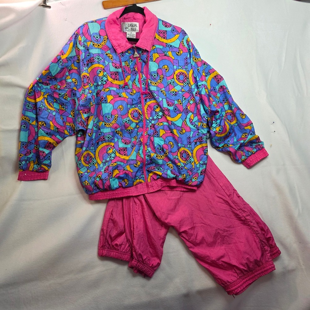 Casual Isle‎ Vintage 80s 90s Geometric Abstract Windbreaker Tracksuit Pink XL
